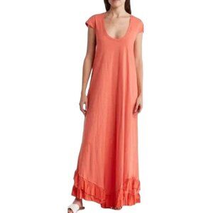 NEW Area Stars Cotton Ruffle Trim Maxi Dress in Coral Tangerine Size XS